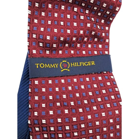 Vintage Tommy Hilfiger 100% Silk Mens Tie Red Blue Geometric Pattern - Picture 1 of 6
